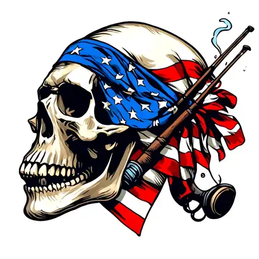 Smoking Skull With American Flag Bandana With Fishing Poles