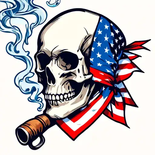 Smoking Skull With American Flag Bandana With Fishing Poles