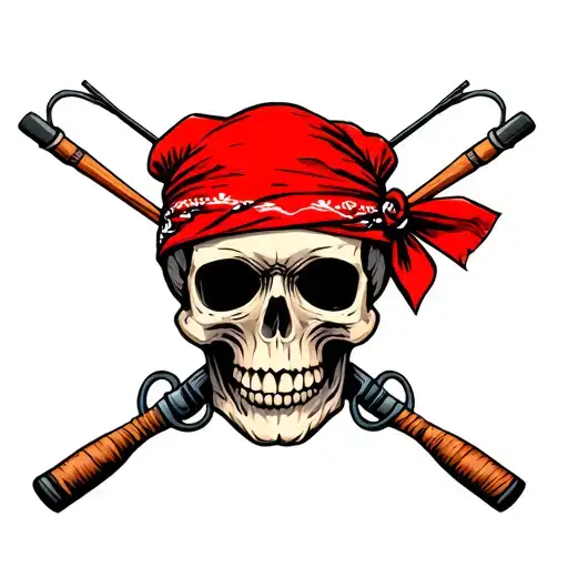 Skull With Red Bandana And Fishing Poles Crossed Together Symbolizing