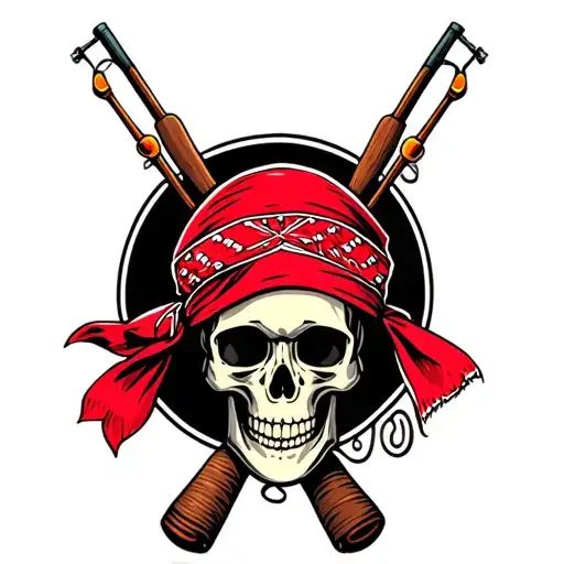 Skull With Red Bandana And Fishing Poles Crossed Together Symbolizing