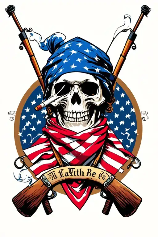 Skull Smoking A Cigarette Wearing American Flag Bandana With Fishing Poles