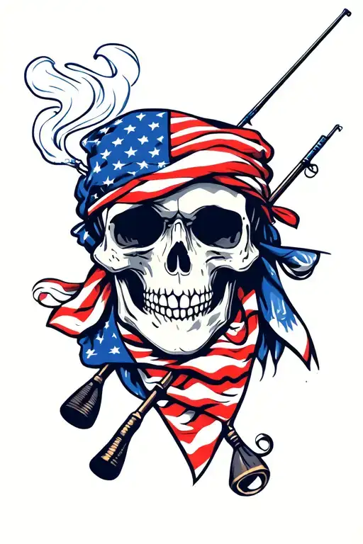 Skull Smoking A Cigarette Wearing American Flag Bandana With Fishing Poles