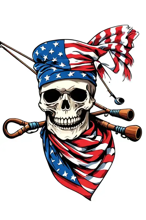 Skull Wearing American Flag Bandana And Fishing Poles