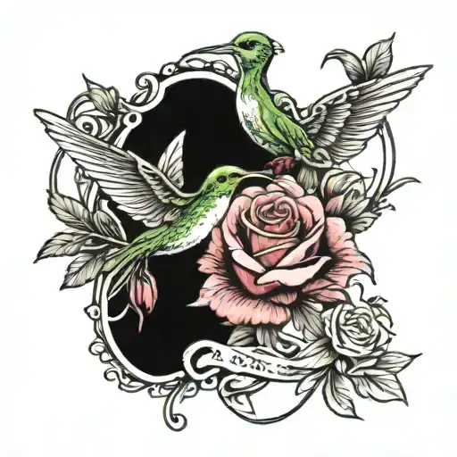 Detailed Rose With Hummingbird Surrounded By Breast Cancer Ribbons