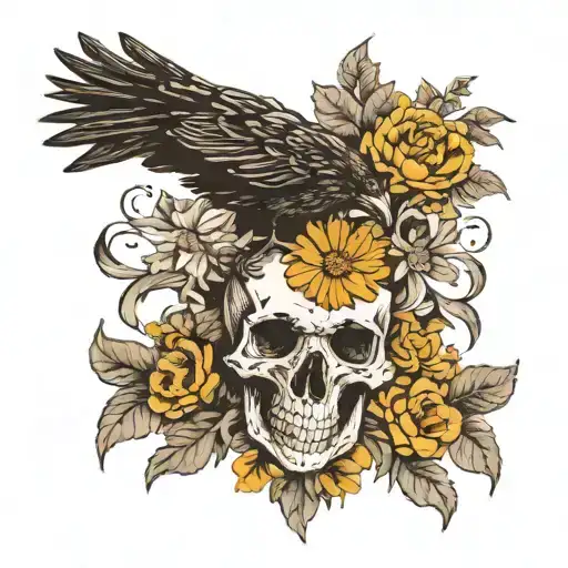 Raven With A Wolf Skull For A Head Surrounded By Marigolds