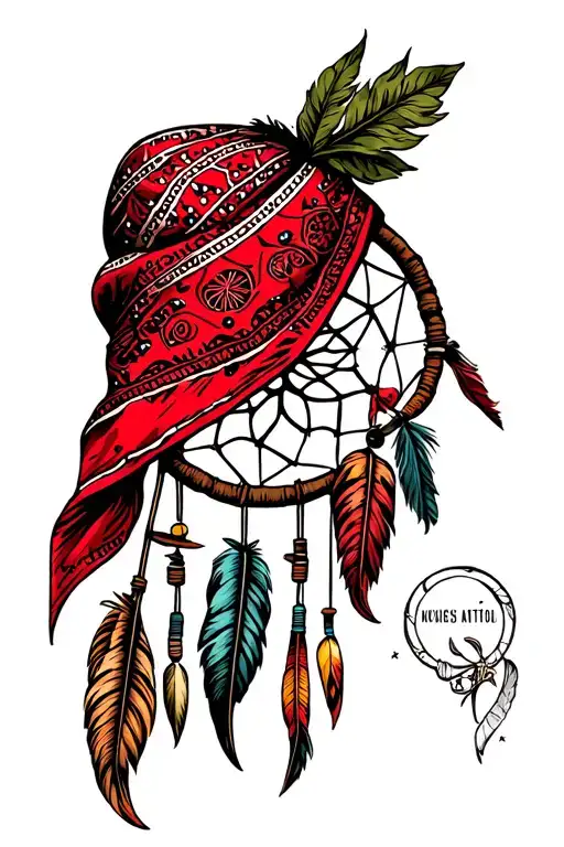 Red Bandana With A Dream Catcher And Fishing Poles