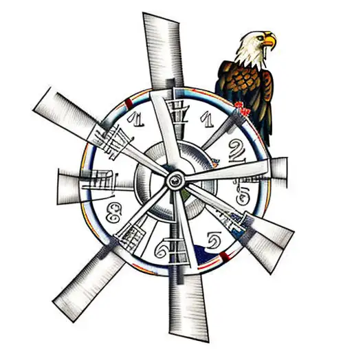 Dutch Windmill With Bald Eagle And Clock Polonesian Tribal
