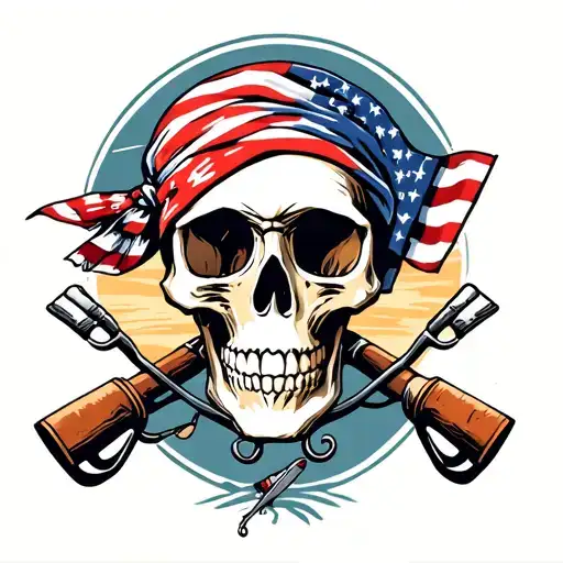 Skull With American Flag Bandana With Fishing Poles