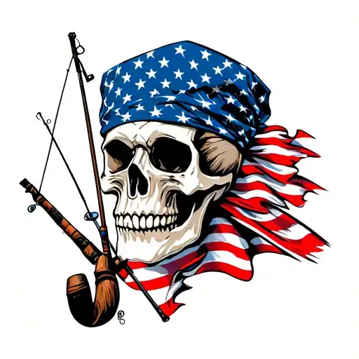 Skull With American Flag Bandana With Fishing Poles