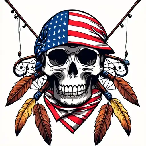 Skull With American Flag Bandana With Fishing Poles And Dream Catcher