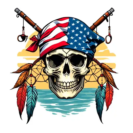 Skull With American Flag Bandana With Fishing Poles And Dream Catcher