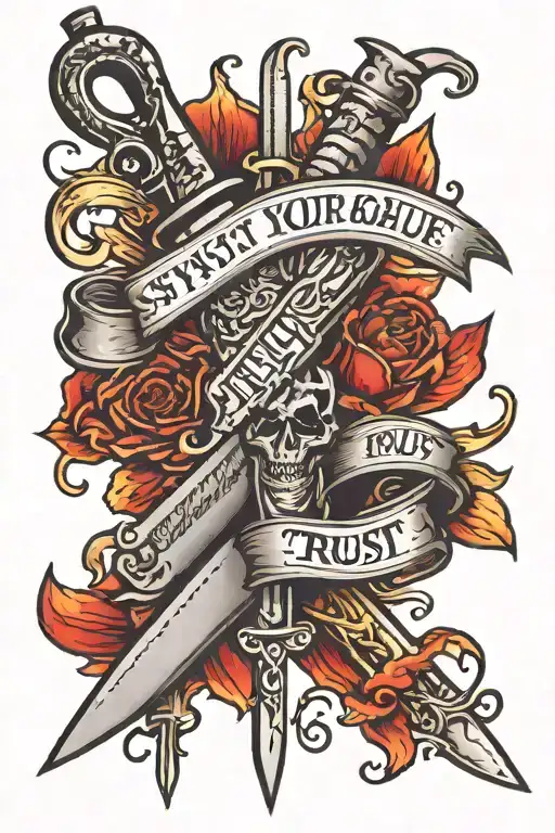 Switchblade With Quote 'Trust Your Gut' Written In Traditional Style Tattoo Font