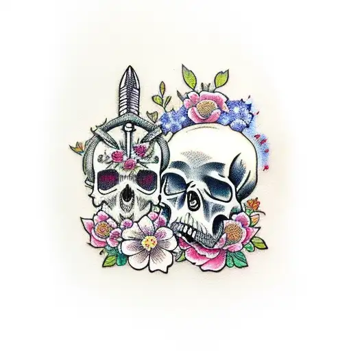 Sword Going Through Skull With Flowers