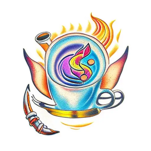 A Colorful Sunset With A Coffee Bean And Musical Instruments Incorporated