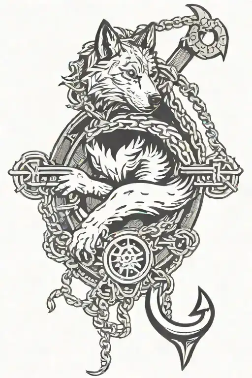 Wolf Yin Yang Surrounded By Heavy Chains Attached To Large Anchor