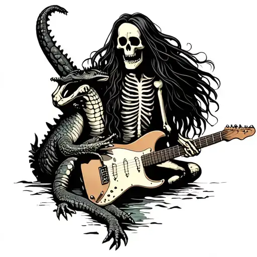 Skeleton With Long Hair Killing An Alligator With A Snapped Guitar Neck