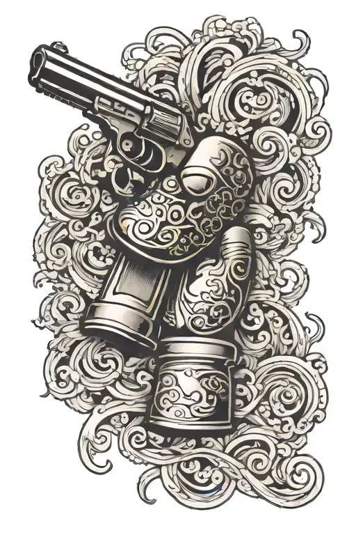 An Intricate Design Combining A Mp7 Gun And Boxing Gloves With A Background Of Swirling Waves