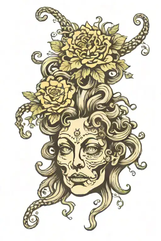 Medusa Head With Crown And Flowers
