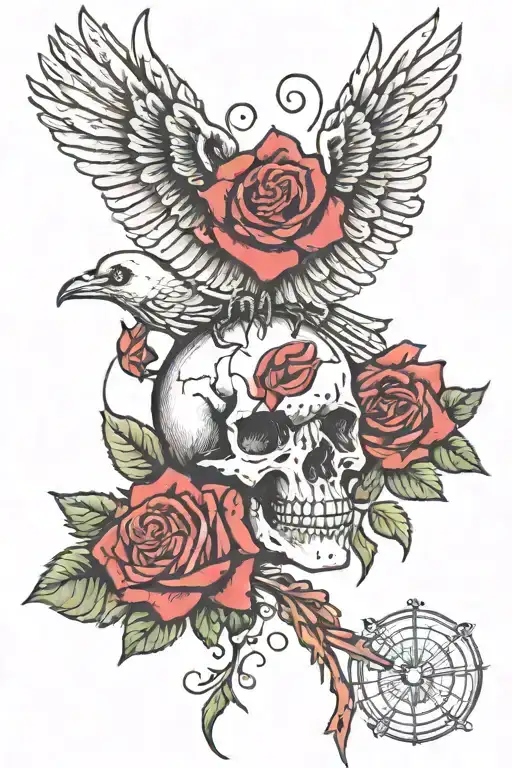 The Skeleton's Hand Holds A Rose A Raven Flying Over A Rose Color