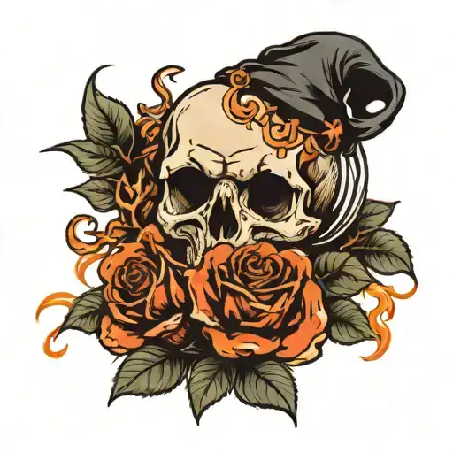 Skull Hand Holding A Bow With Burning Roses Growing
