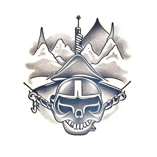 A Traditional Tattoo Of A Motorcycle And Car Parked Near A Breathtaking Mountain Peak