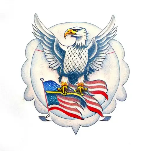 Eagle With American Flag Waving Behind It