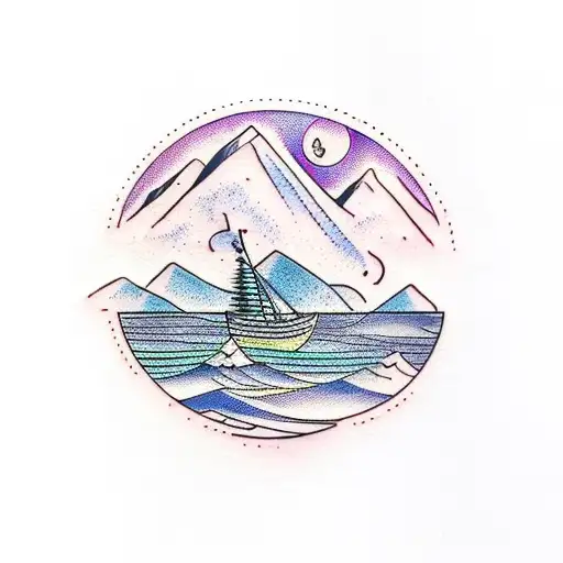 Mountain Scene With Water And Viking Boat