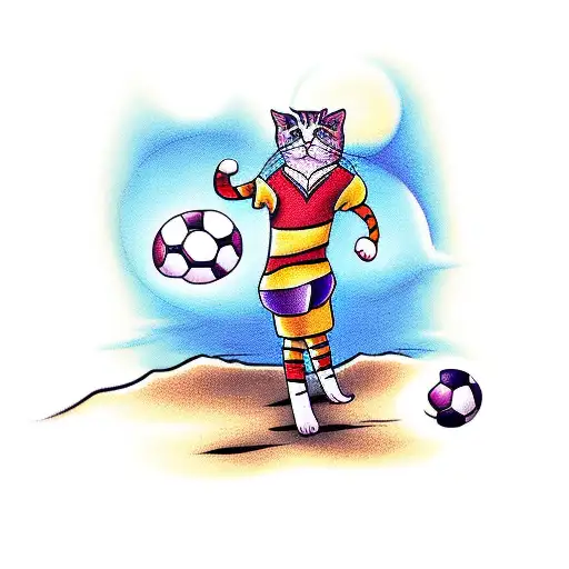A Cat Playing Soccer On A Beach At Sunset