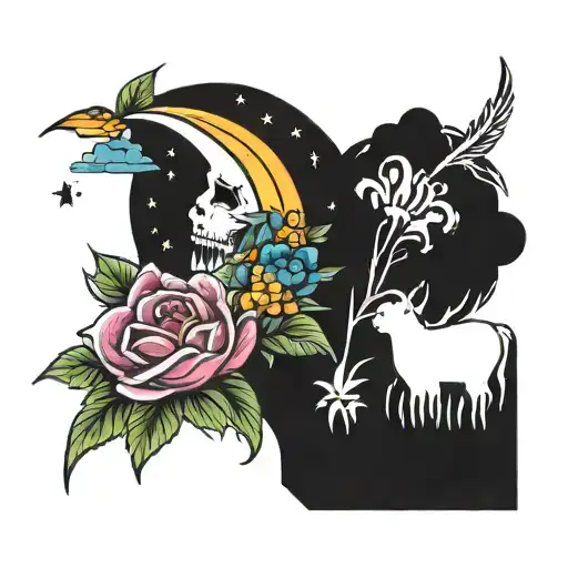 I Want An Image For A Tattoo That Contains A Rainbow-colored Moon And A Never-forget Flower