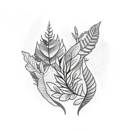 An Intricate Sleeve Tattoo Featuring Leaves And Nature In Black And Grey With Fillings