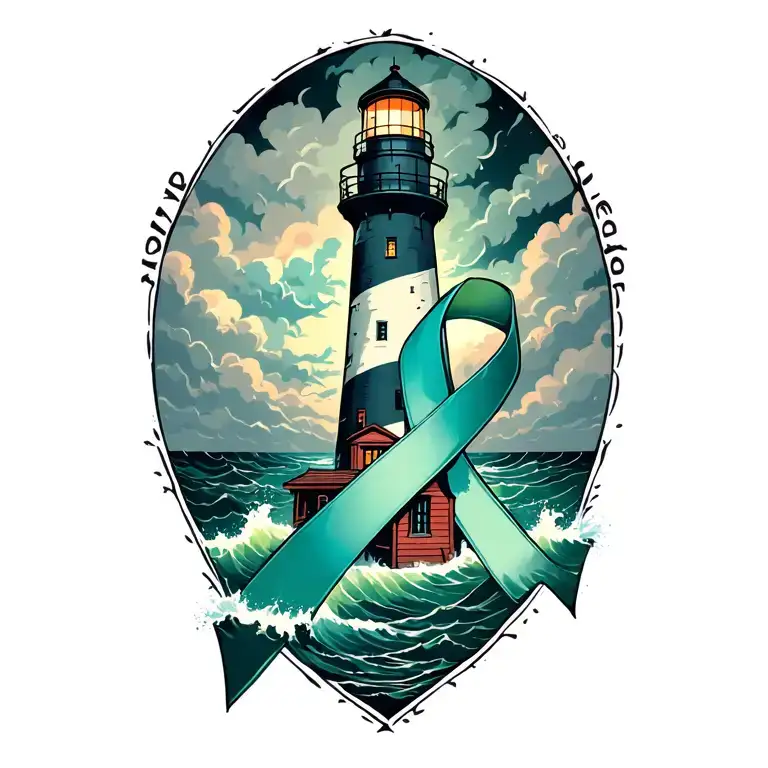 A Lighthouse In Very Stormy Weather With A Ovarian Cancer Ribbon Around The Lighthouse