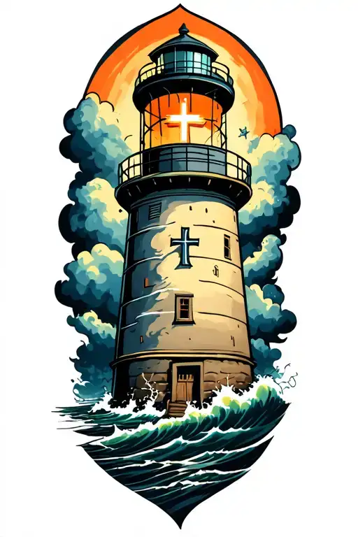 Lighthouse With A Cross Within The Storm With A Ovarian Cancer Awareness Ribbon The Lighthouse
