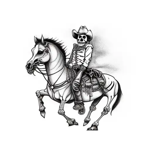 Skeleton Wearing Tattered Clothes And Cowboy Hat Riding A Horse