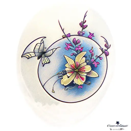 Honeysuckle Flower With Butterfly And Crescent Moon