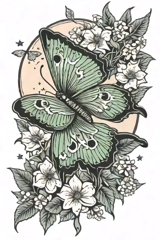 Luna Moth With Moon And Flowers Blooming