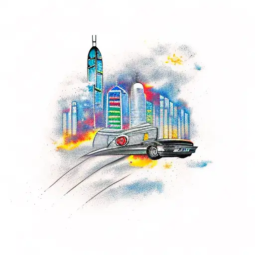 Hong Kong Skyline With Rocket League Car Flying Over With An Explosion Behind