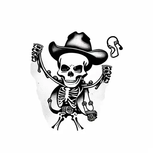 Skeleton Cowboy Holding A Revolver And A Beer