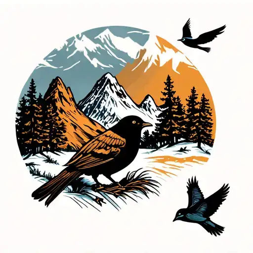 Traditional Western Scene With Mountain And Birds Flying