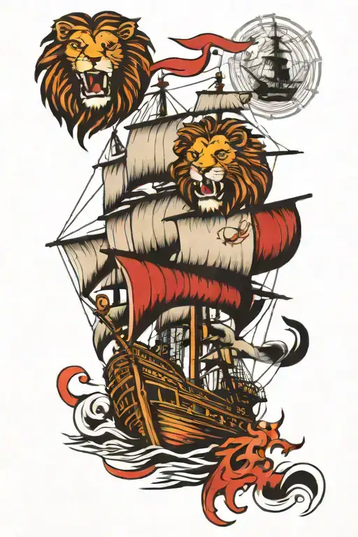 Sailing Ship And Bad Lion Protects