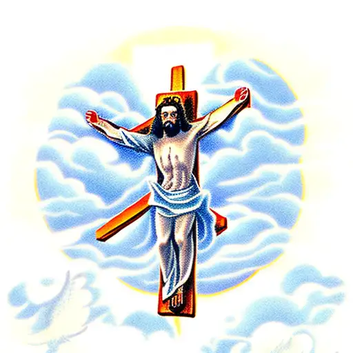 Jesus On The Cross With Clouds Behind Him And Doves Flying Around Him