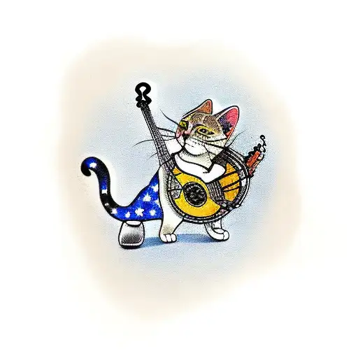 A Cat Playing Banjo With Red Shoes On