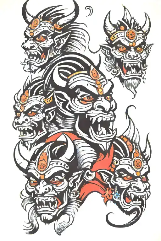 Three Indian Demon Heads One Above The Other With Space Between