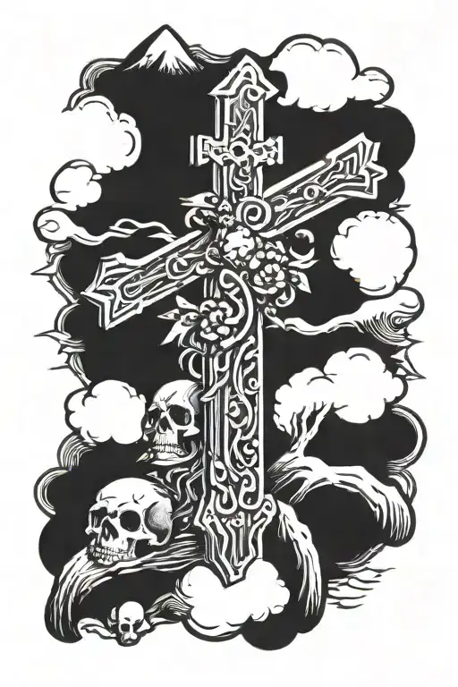 Wooden Cross On Mountain Of Skulls