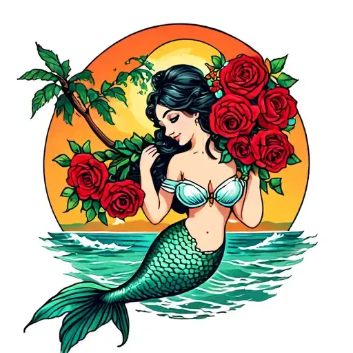 A Traditional Sailor Jerry Style Tattoo Of A Mermaid Holding A Bouquet Of Roses On The Beach