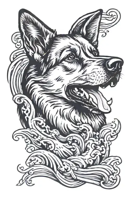 German Sheperd With Waves Crashing