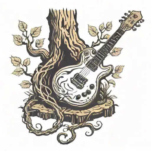 Electric Guitar Integrated In A Tree Trunk Symbolizing The Connection