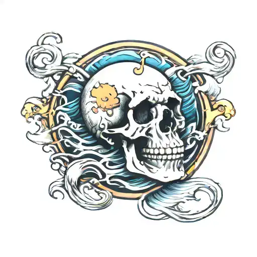 Skeleton Laying On The Ocean Waves Flowing