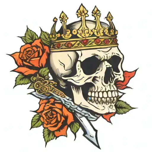 Skull Wearing A Crown With A Dagger Going Vertical Beside A Rose
