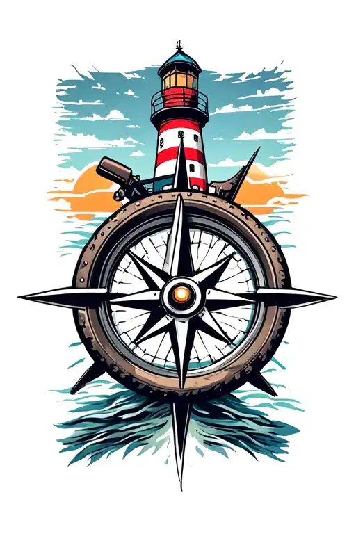 Motorcycle Wheel With A Compass Rose And A Light House