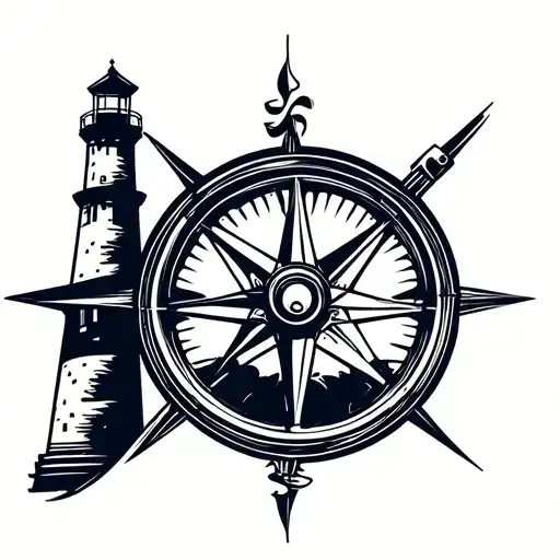 Motorcycle Wheel With A Compass Rose And A Light House